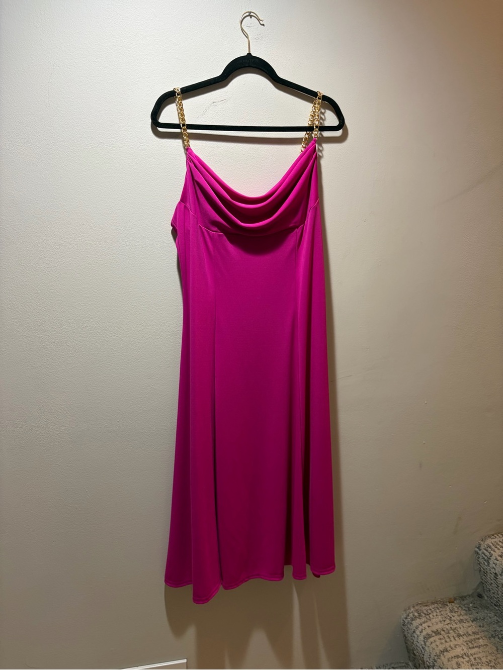 MARINA Magenta Cowl-Neck Midi Dress with Gold Chain Straps